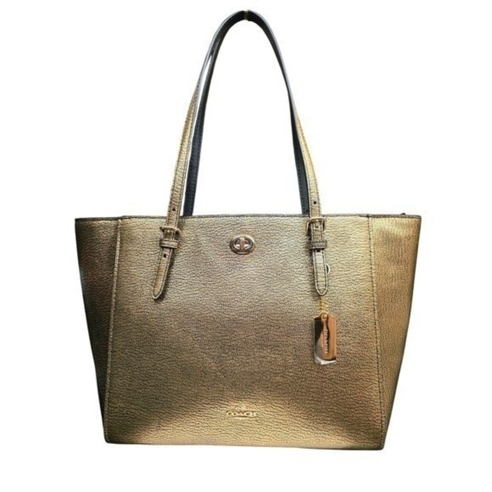 Coach Metallic Turnlock Tote Gold Leather Large Shoulder Bag Zip Top Shimmer